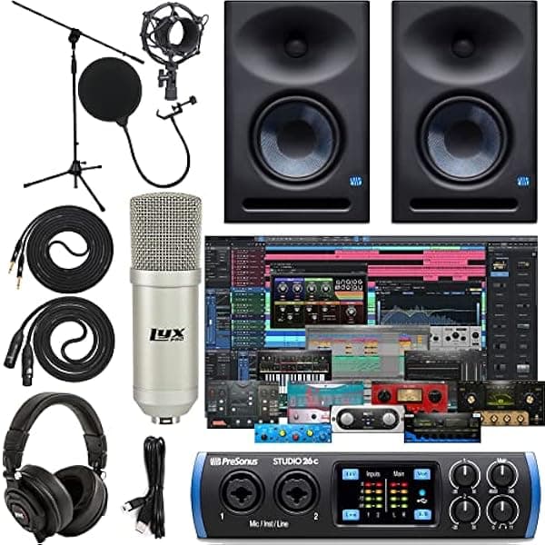 PreSonus Studio 24c 2x2 USB Type-C Audio/MIDI Interfaz con Eris E7 XT Par de monitores de estudio de 2 vías con diseño de guía de ondas EBM y cable de instrumento de 1/4 pulgadas