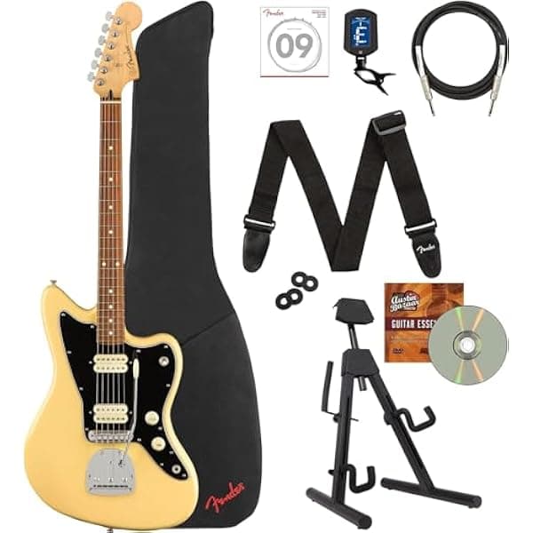 Fender Player Jazzmaster - Paquete de crema de mantequilla con estuche, soporte, cuerdas, cable de instrumento, afinador, correa, bloques de correa y DVD instructivo de Austin Bazaar AUS-0146903500-COMBO-STD