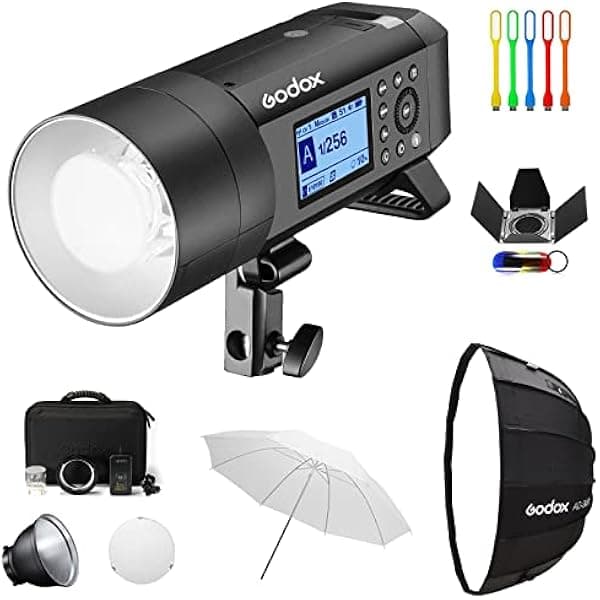 Godox AD400Pro 400Ws Studio - Kit de flash estroboscópico para exteriores, TTL 1/8000s HSS 2.4G GN72 monolight, batería de litio con AD-S65S 26"/65cm softbox con grid montura Godox, viseras (barn door) ad400prokit