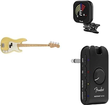 Fender Player Precision Bass, Buttercream, diapasón de arce + micro amplificador Mustang + sintonizador recargable Flash 2.0