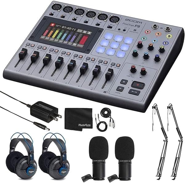 Zoom PodTrak P8 - Grabadora de podcasts multipista + 2 micrófonos dinámicos Zoom ZDM-1 + 2 auriculares Samson SR970 de referencia de estudio profesional, 2 brazos de brazo de transmisión - Paquete ZP8 K3