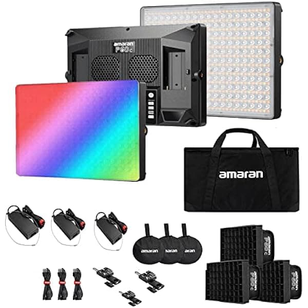 Aputure Amaran P60C-Kit de 3 luces RGBWW LED Panel de luz de video, 60 W bicolor 2500K-7500K, CRI95+/TLCI 96+, 5900lux@3.3 ft con rejilla plegable Softbox App Control 10 efectos de luz