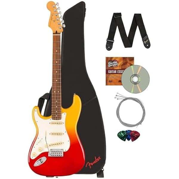 Fender Player Plus Stratocaster Zurdo - Paquete de Tequila Sunrise con estuche, correa, cuerdas, púas y DVD instructivo de Austin Bazaar AUS-0147413387-COMBO-STD