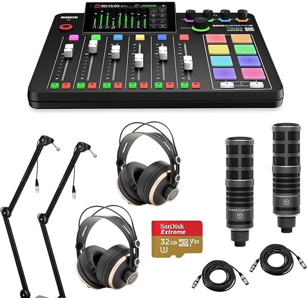 Rode RODECaster Pro II - Paquete de consola de estudio de producción de audio integrada con 2 micrófonos TAP300, 2 auriculares TAPH700, 2 brazos de transmisión, 2 cables XLR M a F, tarjeta microSD 32BG RCPII TAK2