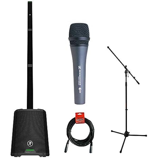 Mackie SRM-FLEX Sistema PA de columna portátil de 1300 W con micrófono Sennheiser e 835, soporte de micrófono trípode y paquete de cable XLR