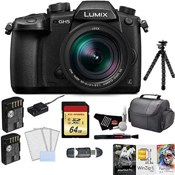 Panasonic Lumix DC-GH5 - Cámara digital micro sin espejo de cuatro tercios con lente de 0.472-2.362 in con batería + tarjeta de memoria de 64 GB + kit de software Corel Mac y más DC-GH5LK