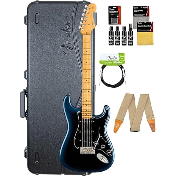 Fender American Professional II Stratocaster Guitarra Electrica USA SSS V-Mod II Diapason Maple Dark Night 22 Trastes Tremolo 2-Point + Estuche (Bundle funda, correa, cable, kit limpieza) AUS-0113902761-COMBO-STD
