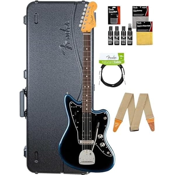 Fender American Professional II Jazzmaster Guitarra Electrica Dark Night Cuerpo Alder V-Mod II Mastil Maple Diapason Palo de Rosa 22 Trastes + Estuche Correa Cable y Kit Limpieza AUS-0113970761-COMBO-STD