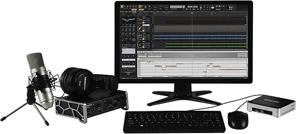 Tascam Proyecto Track Factory con interfaz de audio USB US-2x2, auriculares TM-02, PC optimizado de audio Intel NUC, micrófono TM-80 y software de grabación Cakewalk SONAR TF2X2