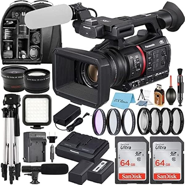 Panasonic AG-CX350 - Videocámara profesional 4K con 2 tarjetas de memoria SanDisk de 64 GB + estuche + trípode + lente gran angular + flash LED + micrófono + kit de filtro + paquete de accesorios