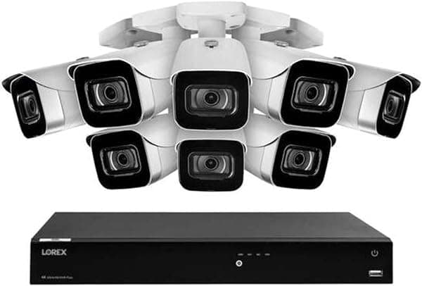 Lorex Fusion 4K 16 Cámara Capable 4TB Sistema NVR con cable con ocho cámaras de seguridad IP Bullet con visión nocturna a color N864A64B-8CA8