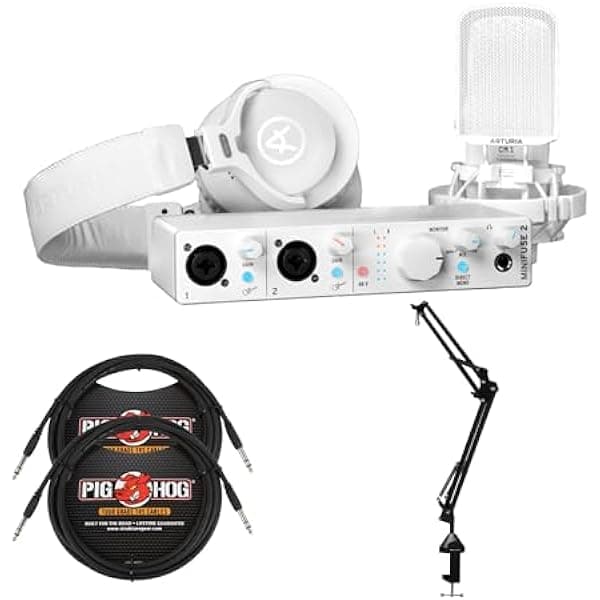 Arturia MiniFuse - Paquete de grabación (blanco) con auriculares EF1, micrófono CM1, brazo de micrófono y cables TRS de 1/4 pulgadas (4 artículos) 800212K1