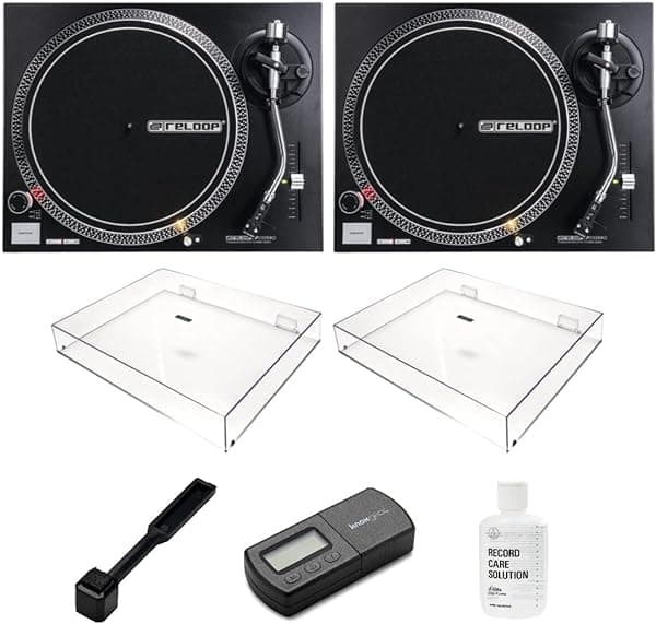 Reloop RP-2000 MK2 Direct Drive DJ - Juego de tocadiscos (par) con cubiertas antipolvo Reloop y sistema de cuidado de discos de vinilo (5 artículos) ARP-2000-MK2K1