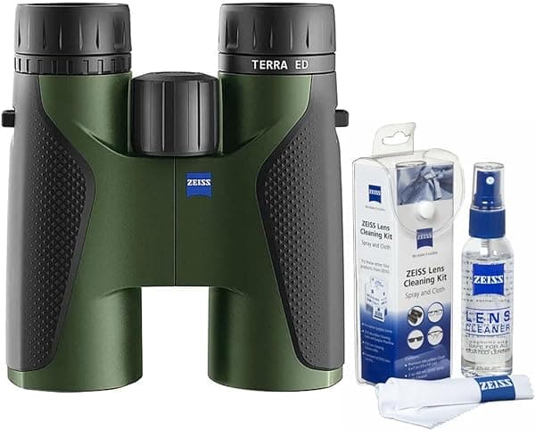 Zeiss Terra ED - Binocular de 8 x 42 pulgadas (negro-terciopelo verde) con kit de cuidado de lentes Zeiss con spray y paño de microfibra (2 onzas) (2 artículos) 524203-9918-K2