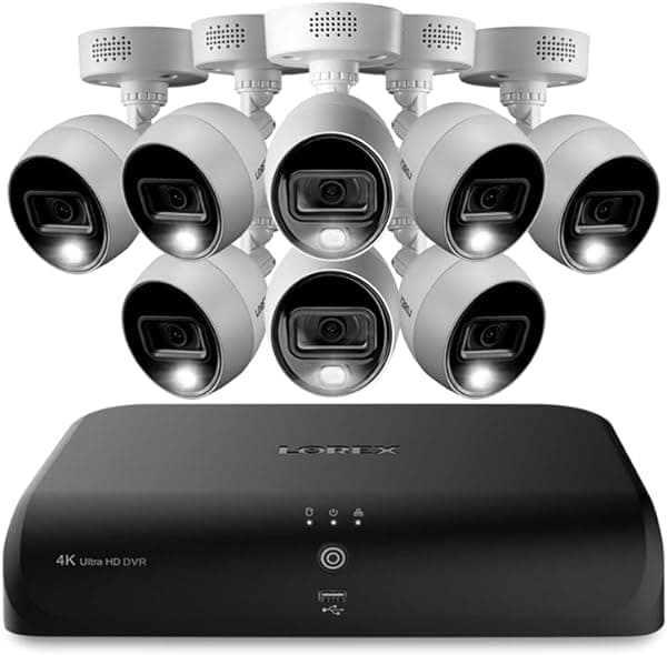 Lorex Fusión 4K 12 con capacidad para cámara (8 con cable + 4 Wi-Fi) Sistema DVR con cable de 2 TB con cámaras Bullet de disuasión activa D4K2AD-88-C883-2