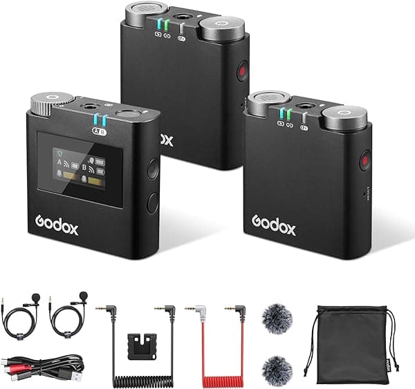 GODOX Virso S M2 (2 TX+1 RX), Conexión para Zapata de Sony, Alcance de 200m (656ft), Micrófonos Inalámbricos, Batería de 17 Horas, Micrófono Cancelador de Ruido de 2.4GHz, para Cámaras, PC, Smartphones