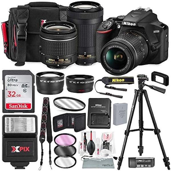 Nikon D3500 Cámara DSLR con Lentes de 18-55mm y 70-300mm + Tarjeta de 32GB, Trípode, Flash y Paquete de Accesorios