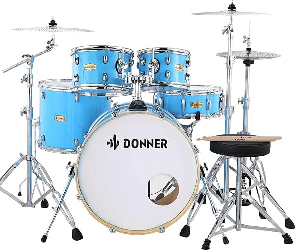 Donner DDS-520 Batería Acústica Completa de 5 Piezas y 22 pulgadas para Principiantes con Almohadilla de Práctica para Silencio, Azul 1