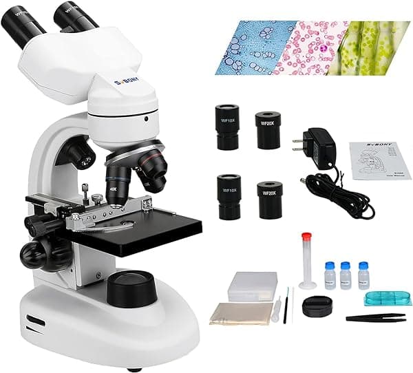 SVBONY SV605 Microscopio Binocular Compuesto 80X-1600X, Microscopio con Platina Mecánica de Doble Capa, Microscopio para Adultos, Adolescentes y Estudiantes, Microscopios con Kits Científicos, Iluminación LED Dual FCAF9370A