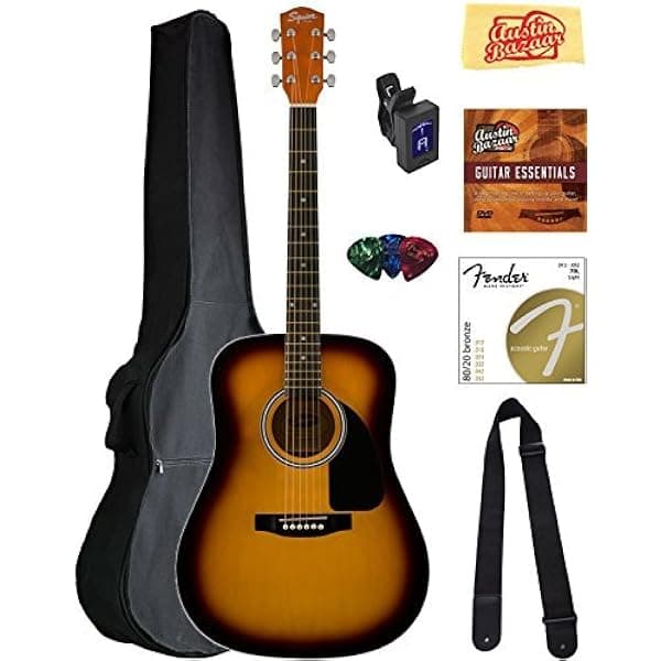 Fender Squier Dreadnought Guitarra Acústica - Paquete Sunburst con Funda, Afinador, Correa, Cuerdas, Púas, DVD Instructivo de Austin Bazaar y Paño de Pulido. SQUIER-COMBO-SB
