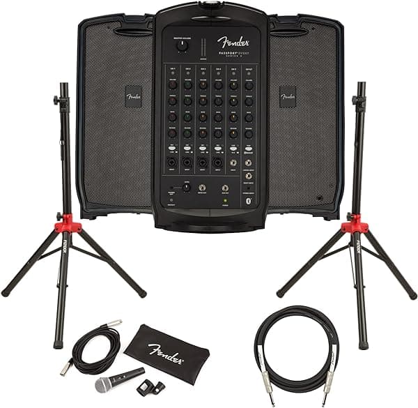 Fender Passport Event S2 - Paquete de Sistema de Sonido Portátil con Micrófono, Soportes Compactos para Parlantes, Cable XLR y Cable para Instrumentos Event Bundle w/ Fender Microphone