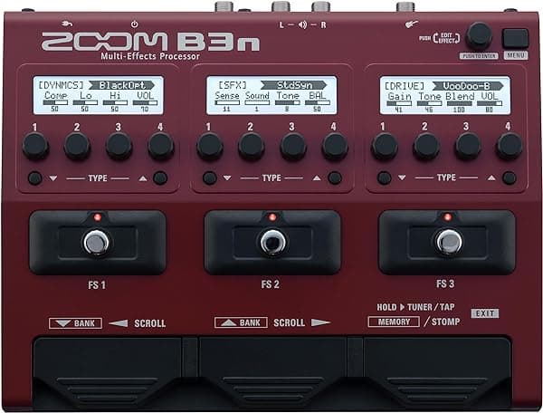 Zoom B3n Multi-efectos para bajo con más de 60 efectos, modelado de amplificadores, efectos estéreo, looper, sección rítmica y afinador.