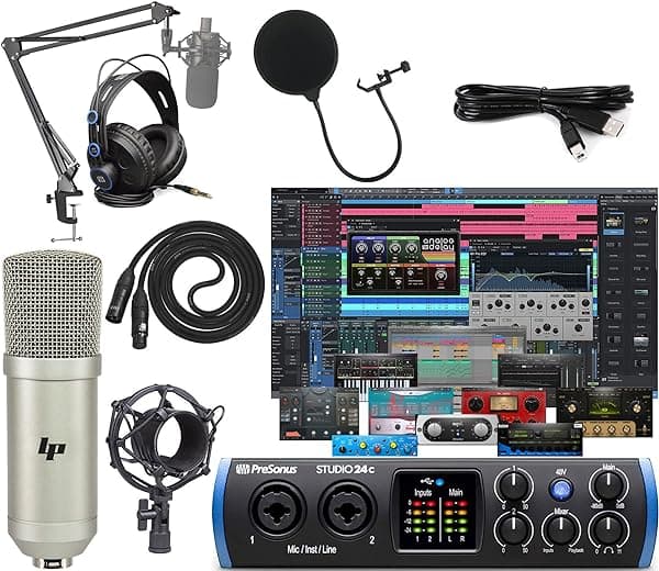 PreSonus Studio 24c Interfaz de Grabación de Audio/MIDI 2x2 USB Tipo-C con Paquete de Software Actualizado Studio One Artist y Kit de Brazo Ajustable, incluyendo Auriculares HD7 24c + Updated Software + Arm Kit