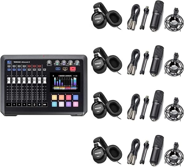 Tascam MIXCAST4B3 - Paquete para Podcast con Cuatro Conjuntos de Micrófonos Dinámicos TM-70 y Audífonos de Estudio TH-05 TAS MIXCAST4B3