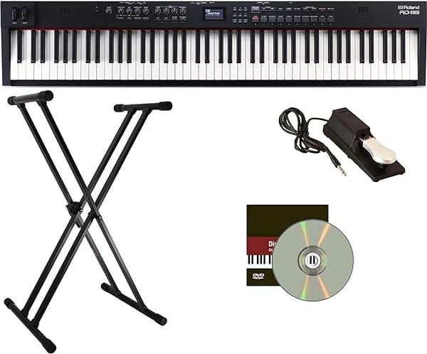 Roland RD-88 Piano de Escenario - Combo Negro con Atril Ajustable, Pedal Sostenido, Clases Online y DVD Instrucción AUS-RD-88-COMBO-DLX