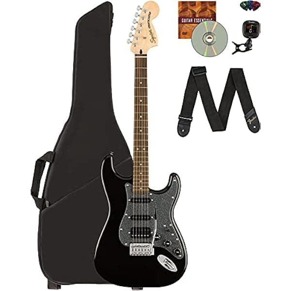 Fender Squier Affinity Stratocaster HSS Edición Limitada - Negro Metálico con Paquete que incluye Funda, Afinador, Correa, Púas y DVD Instructivo de Austin Bazaar 378003502