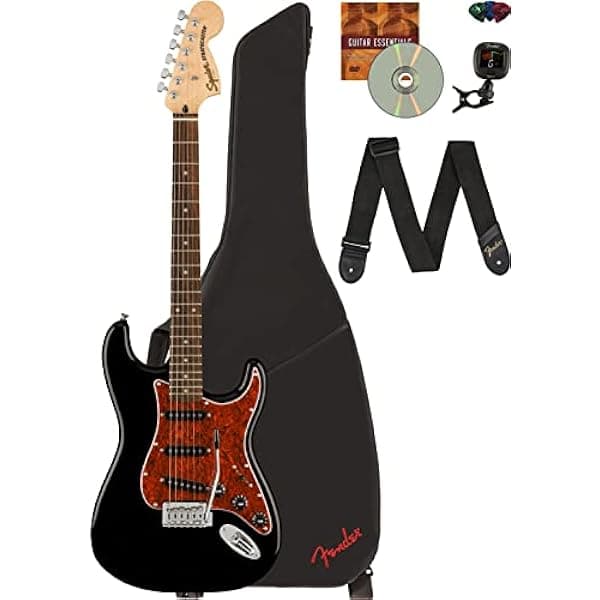 Fender Squier Affinity Stratocaster - Edición Limitada en Negro, Golpeador de Carey con Paquete que incluye Funda, Afinador, Correa, Puas y DVD Instructivo de Austin Bazaar 378552557