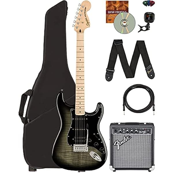 Fender Squier Affinity Stratocaster FMT HSS - Black Burst Paquete con Amplificador Frontman 10G, Cable para Instrumento, Funda, Afinador, Correa, Púas y DVD Instructivo de Austin Bazaar 378051505