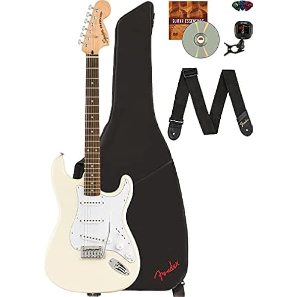 Fender Squier Affinity Stratocaster Edición Limitada - Olympic White, Paquete con Funda, Afinador, Correa, Púas y DVD Instructivo de Austin Bazaar 378108565