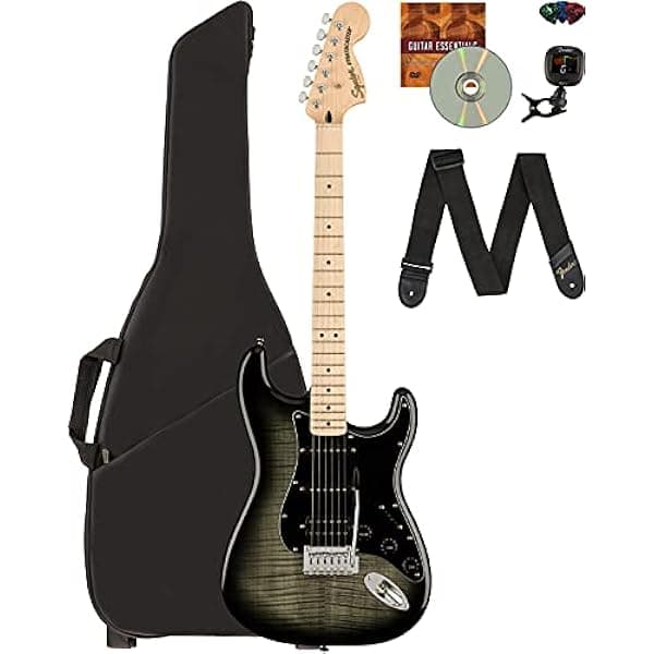 Fender Squier Affinity Stratocaster FMT HSS - Paquete Black Burst con Funda, Afinador, Correa, Puas y DVD Instructivo de Austin Bazaar 378051566