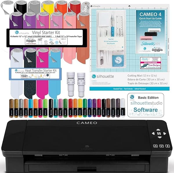 Silhouette Cameo 4 Negro Bundle Kit Inicial de Vinyl y Transferencia de Calor con 2 Autoblades, Kit de Herramientas, 120 Diseños y Acceso a Ebooks. CAMEO4-CC-B2-BLK