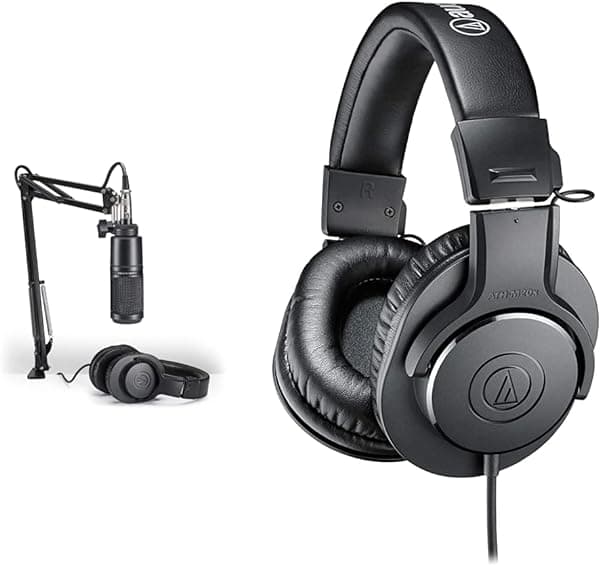 Audio-Technica AT2020PK Paquete de Micrófono Vocal para Streaming/Podcasting, Incluye Micrófono Condensador Cardioide XLR, Brazo de Micrófono Ajustable y Audífonos Profesionales para Monitoreo de Estudio ATH-M20X, Negro