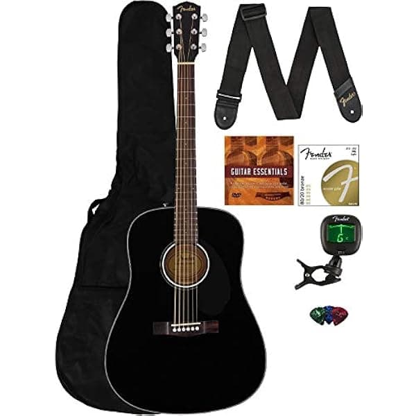 Fender CD-60S Guitarra Acústica Dreadnought de Tapa Maciza - Paquete Negro con Funda, Afinador, Correa, Cuerdas, Púas y DVD Instructivo de Austin Bazaar AUS-0961701006-COMBO-DLX