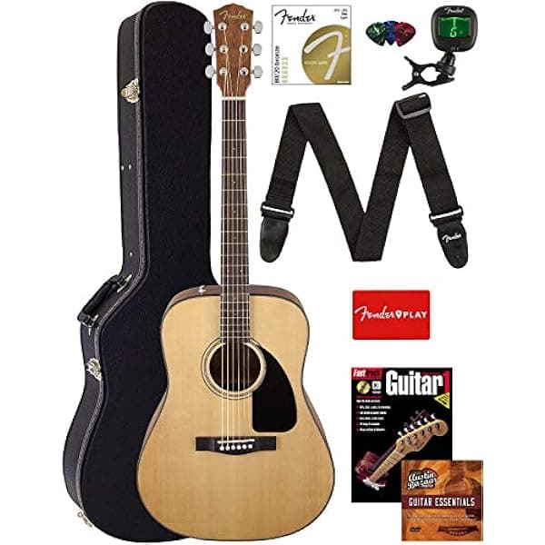 Fender CD-60 Dreadnought Guitarra Acústica - Natural, Paquete con Estuche Rígido, Correa, Afinador, Cuerdas, Púas, Fender Play, Libro de Instrucciones AUS-0970110221-COMBO-DLX
