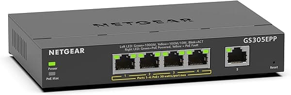 NETGEAR 5 Port Gigabit Ethernet Smart Managed Plus PoE Switch (GS305EPP) - con 4 x PoE+ @ 120 W, para Escritorio/Montaje en Pared GS305EPP-100UKS