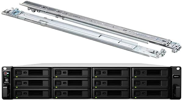 Synology RackStation RS2418+ Paquete de servidor NAS con kit de riel, Intel Atom C3538 Quad-Core, DDR4 de 32 GB, SSD de 12 TB, software DSM