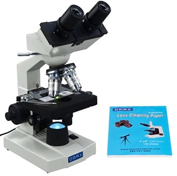 OMAX microscopio compuesto binocular LED de laboratorio 40X-2000X con platina mecánica de doble capa y 100 hojas de papel limpiador de lentes