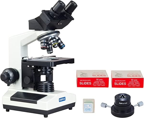 OMAX microscopio compuesto binocular 40X-2000X con condensador Darkfield seco + portaobjetos en blanco + cubreobjetos M827S-A191-SC100