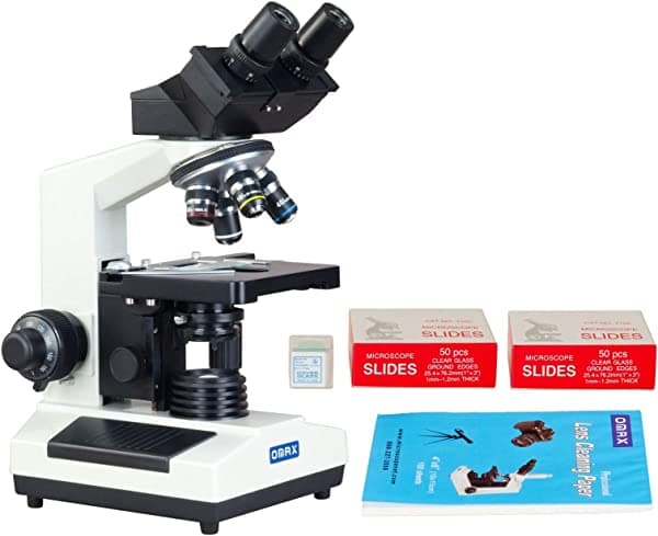 Omax Lab Binocular Microscopio Compuesto 40 X -1600 X W en Blanco Portaobjetos + cubreobjetos + Papel Limpiador de lentes M827T-SC100-LP100