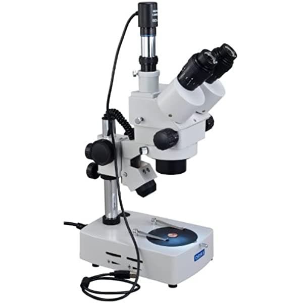 OMAX microscopio estéreo con zoom trinocular 7X-45X con luces halógenas dobles + cámara digital USB V434A-C02