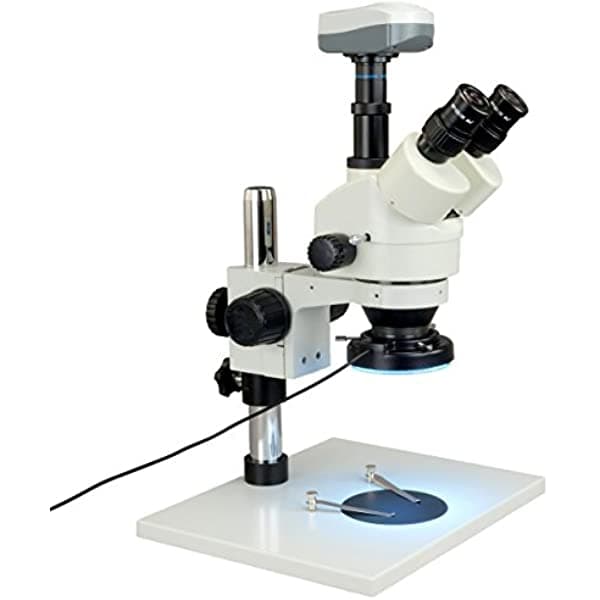 OMAX microscopio estéreo trinocular con zoom 7X-45X + anillo de luz de 144 LED con carcasa metálica + cámara USB de 5.0 MP W43APT-L144L-C50