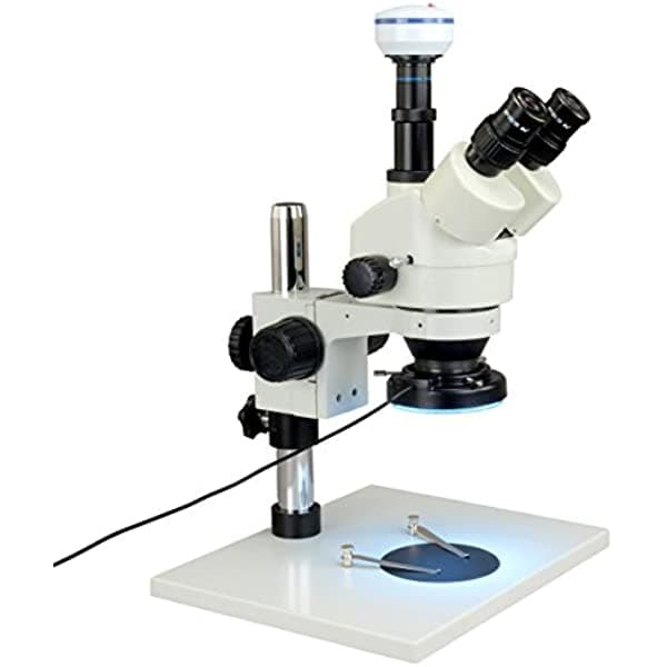 OMAX microscopio estéreo trinocular con zoom 7X-45X + anillo de luz de 144 LED con carcasa metálica + cámara USB de 3.0 MP W43APT-L144L-C30