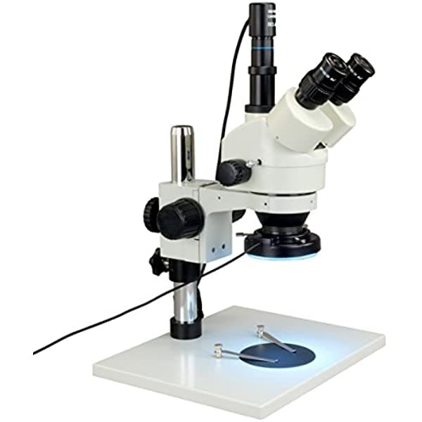 OMAX microscopio estéreo trinocular con zoom 7X-45X + anillo de luz de 144 LED con carcasa metálica + cámara USB de 0.3 MP W43APT-L144L-C02