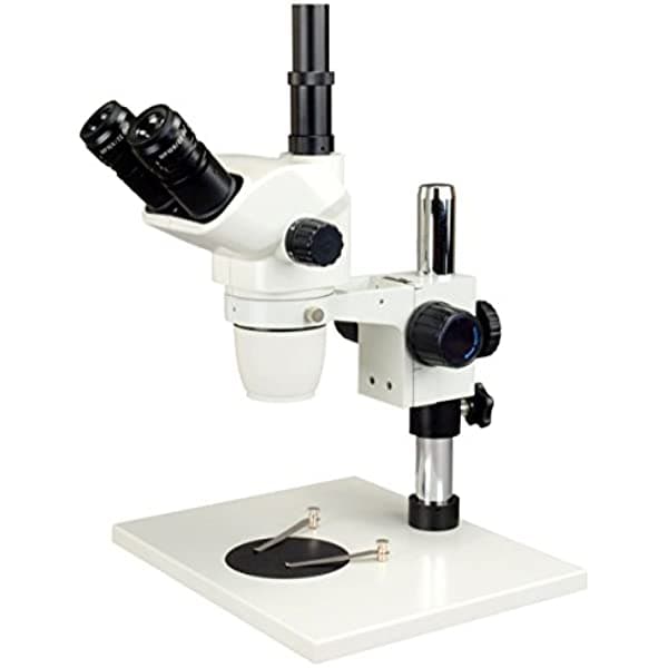 OMAX 6.7X-45X Zoom microscopio estereo trinocular con soporte de mesa de metal W43DPT