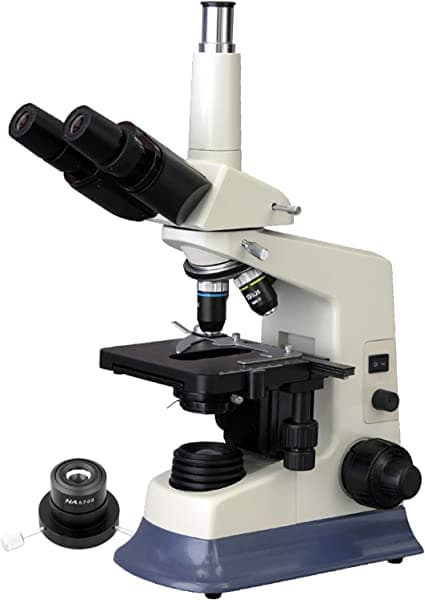 AmScope T590B-DK microscopio compuesto trinocular profesional, oculares WF10X y WF20X, aumento 40X-2000X, objetivos de alto contraste, brightfield/darkfield, halogeno, condensador Abbe, platina mecanica de doble capa, iluminacion anti-mold, 110V