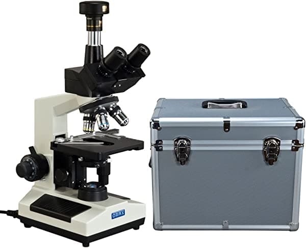 OMAX 40X-2000X microscopio compuesto trinocular de contraste de fase LED + camara de 9 MP + estuche de transporte de aluminio M837SL-PHD-A185A-C90U